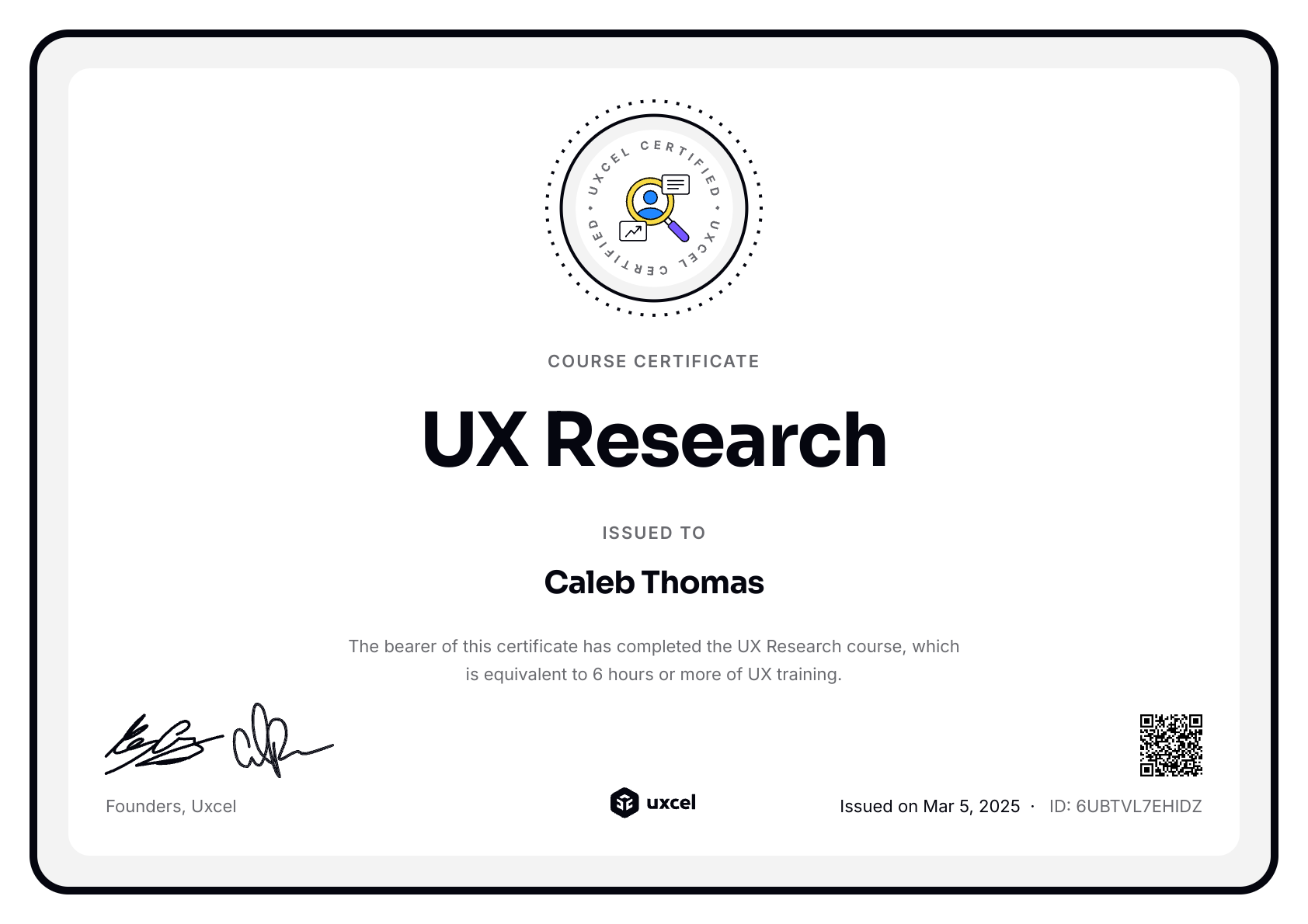 Caleb Thomas's certificate